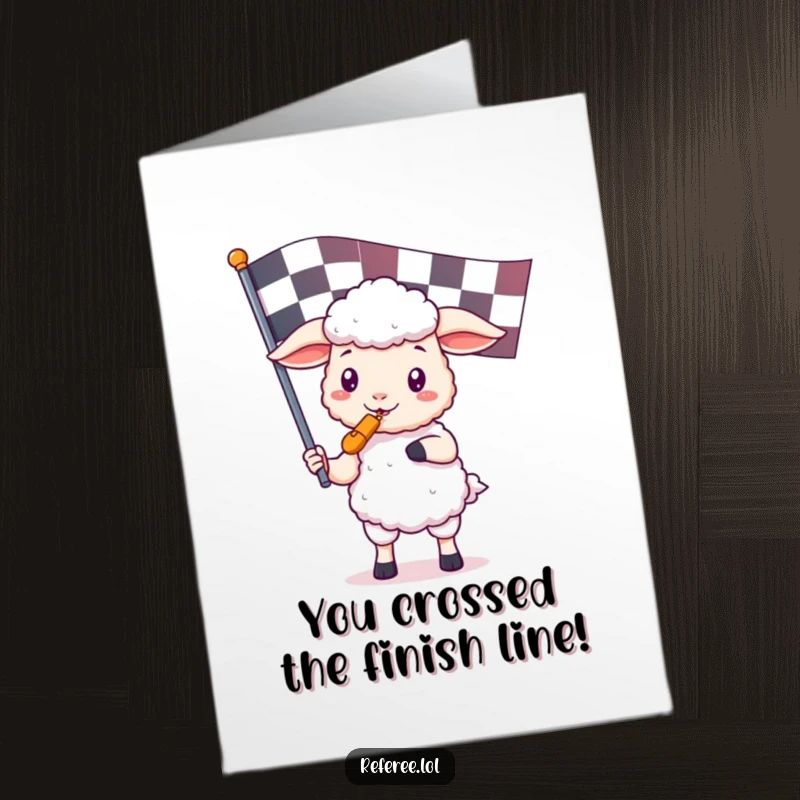 Free Printable Congratulations Card: Cute kawaii sheep holding a whistle and a big checkered flag, signaling a triumphant win.