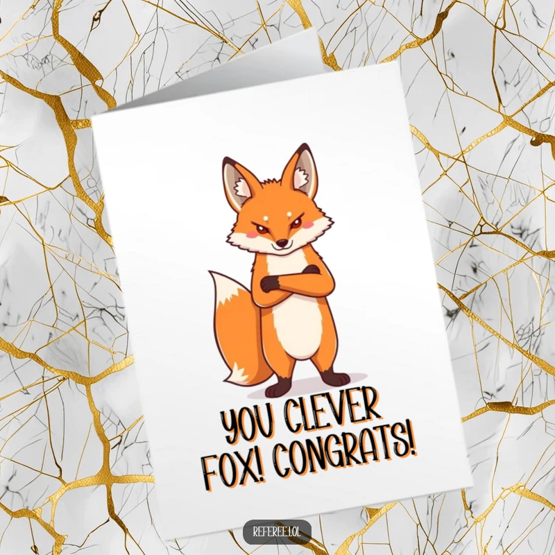 Funny Free Printable Congratulations Card: a proud fox standing tall, arms crossed, with a stern, knowing expression.