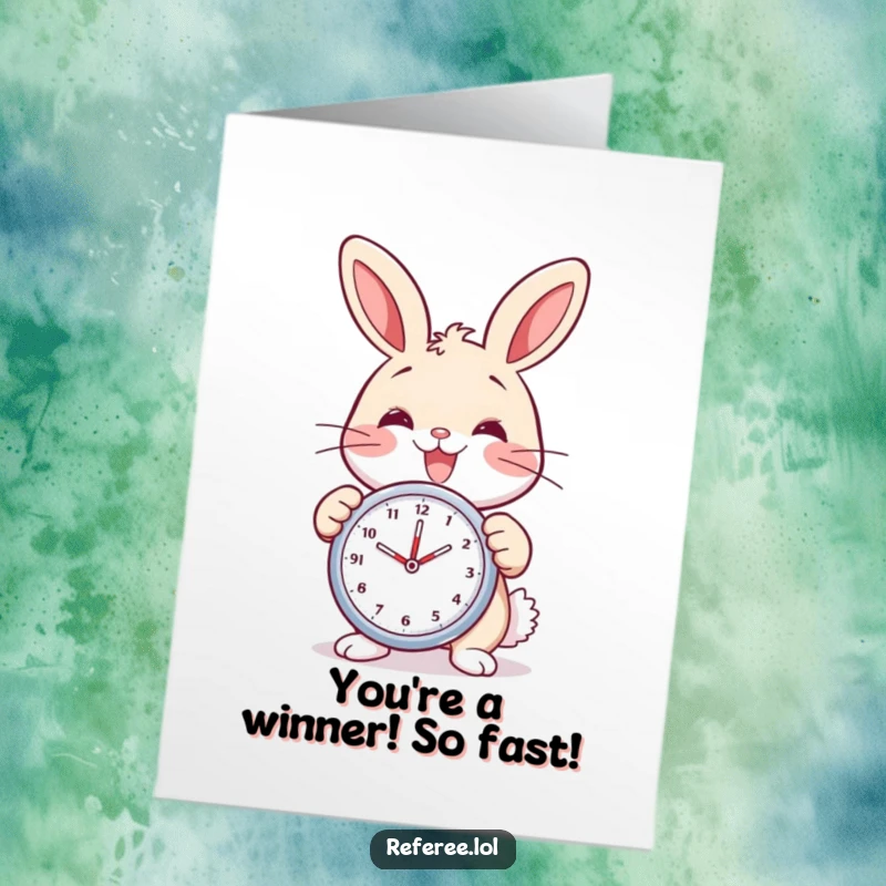 Funny Free Printable Congratulations Card: A delighted bunny holds a stopwatch, smiling widely. Celebrating a timely achievement.