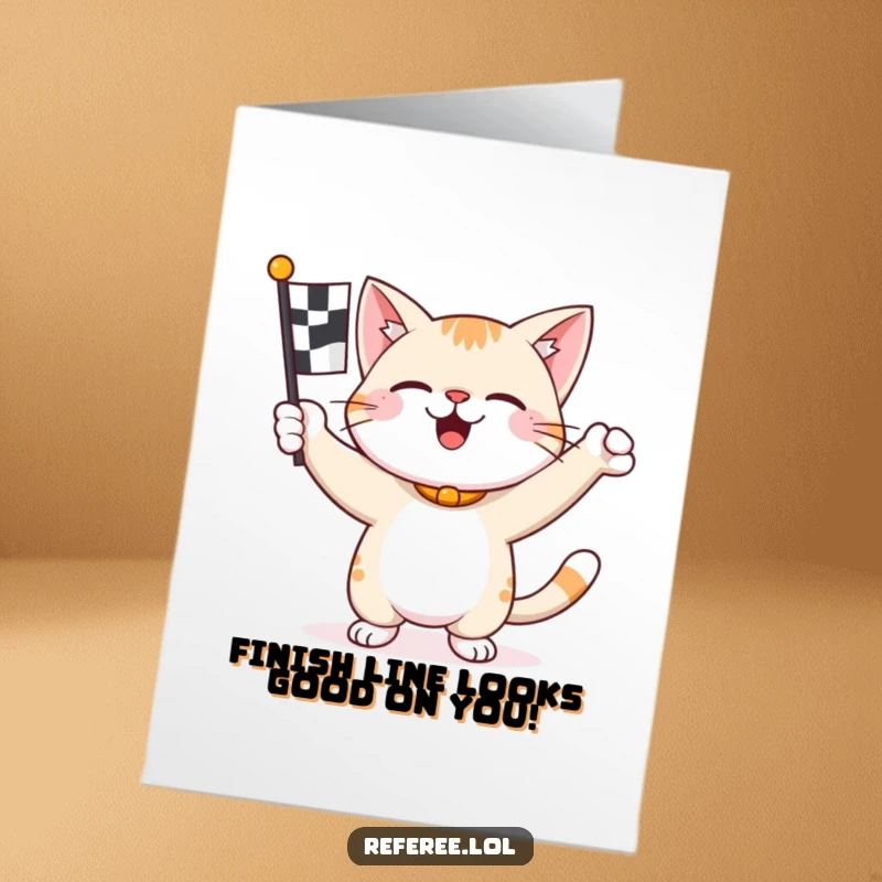 Funny Free Printable Congratulations Card showing a happy cat enthusiastically waving a checkered flag, symbolizing a win.