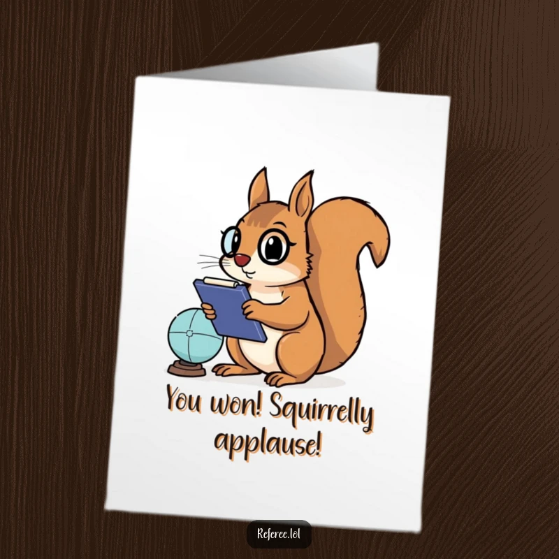Funny Free Printable Congratulations Card: Victorious squirrel coach holding clipboard victoriously after a game, celebrating.