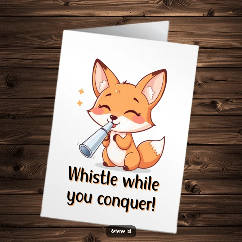 Funny Free Printable Congratulations Card with a cheerful fox blowing a shiny whistle, triumphantly announcing success.