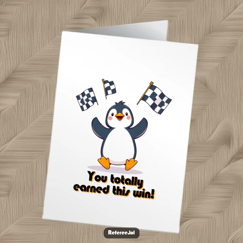 Funny Free Printable Congratulations Card: Penguin artistically juggles three giant penalty flags, celebrating a momentous achievement with hilarious chaos.