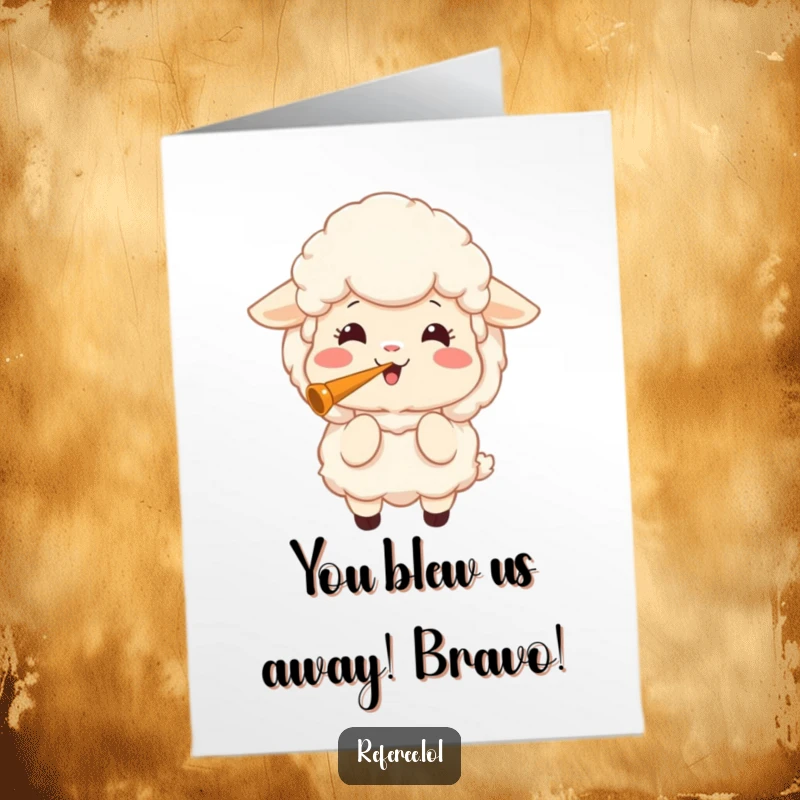 Funny Free Printable Congratulations Card: A fluffy sheep with a big smile blowing a loud whistle.