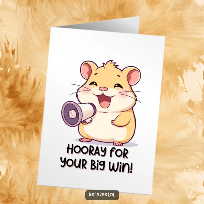 Funny Free Printable Congratulations Card: A beaming hamster uses a megaphone to enthusiastically announce congratulations with a wide smile.