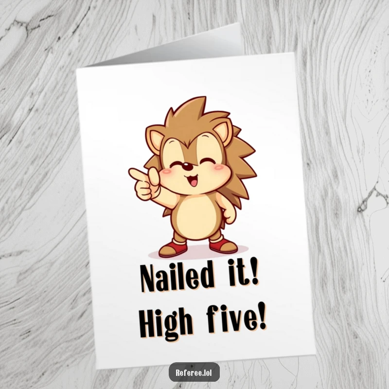 Funny Free Printable Congratulations Card: A joyful hedgehog confidently points towards the goal line, cheering for success and achievement.