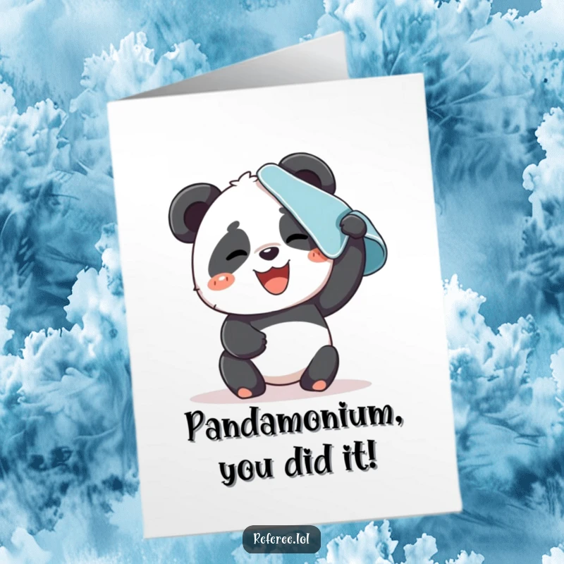 Funny Free Printable Congrats Card: Giggling panda wiping sweat from brow with a towel, celebrating a hard-won victory.