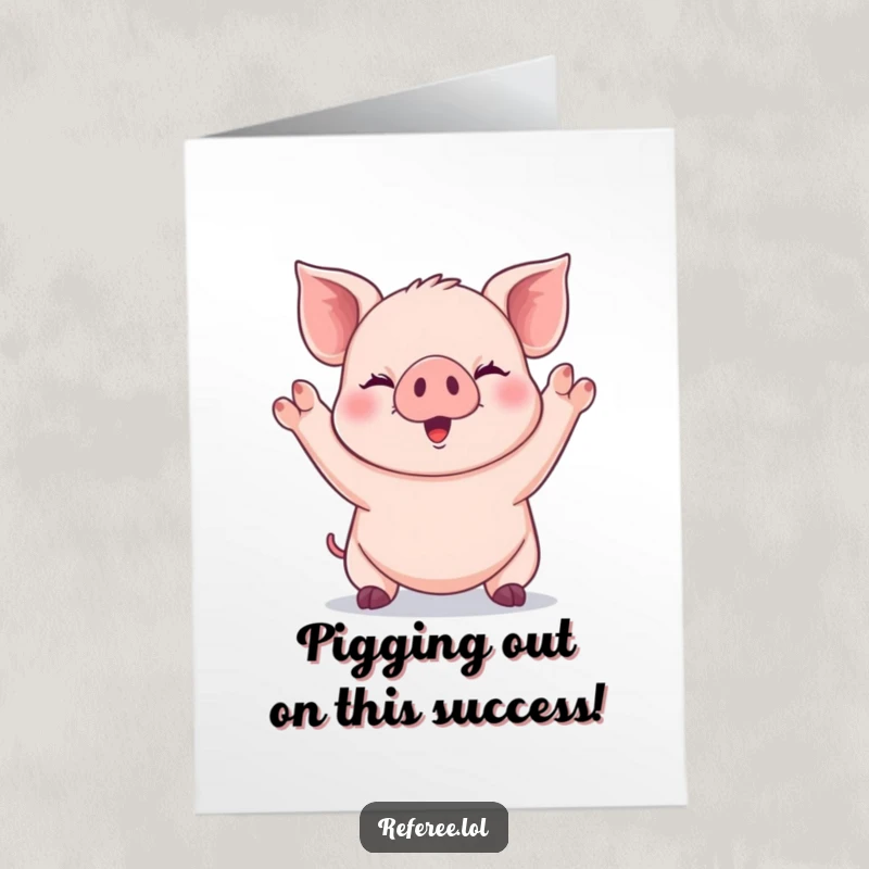 Funny Free Printable Congratulations Card showing a giggling piglet signaling with both paws raised high in excitement.