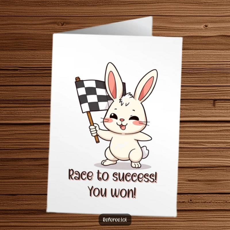 Funny free printable congratulations card featuring a determined bunny furiously waving a checkered flag, signifying a great win.