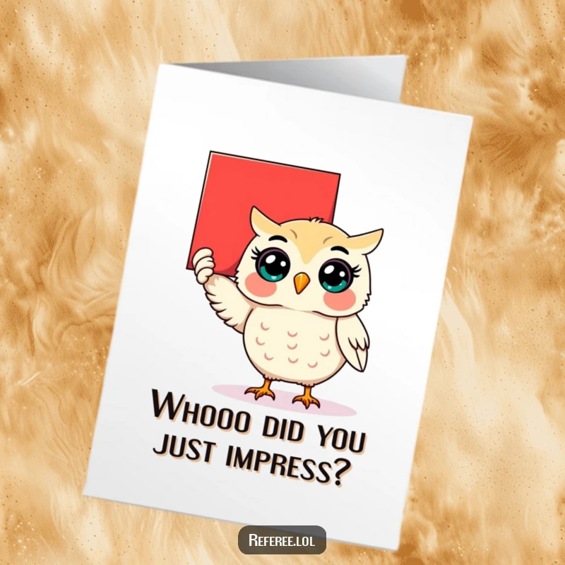 Funny Free Printable Congratulations Card depicting a surprised owl holding a large red card announcing good news.