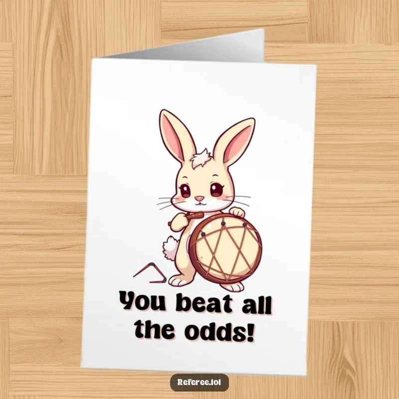 Funny Free Printable Congrats Card: A focused bunny determinedly beats a drum with its paws.