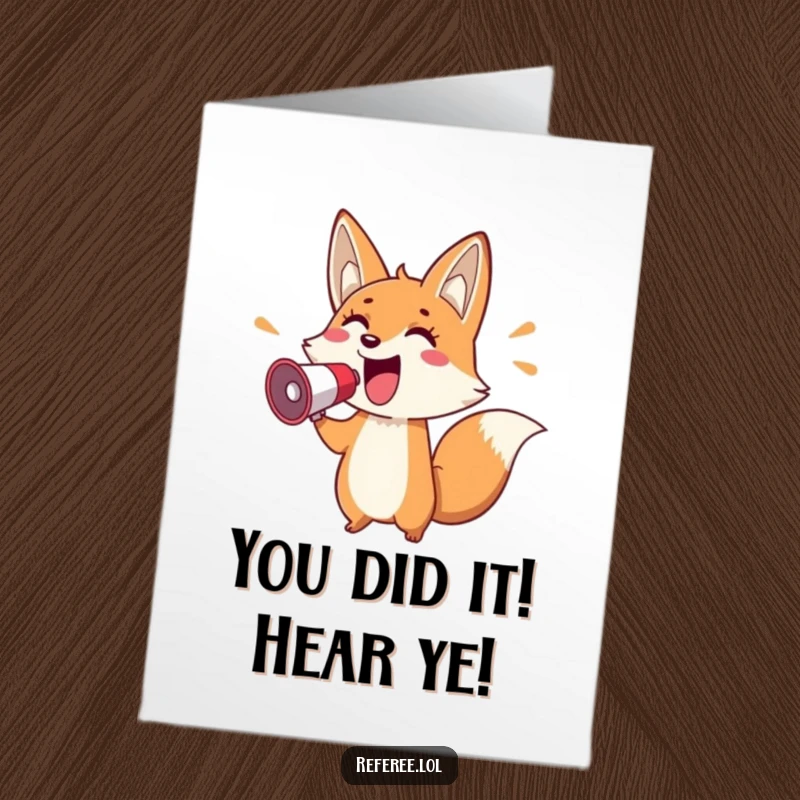 Funny Free Printable Congrats Card: A cheerful fox uses a megaphone to enthusiastically point and announce great news of success.
