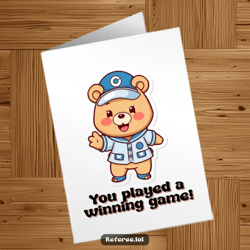 Funny Free Printable Congratulations Card: A happy bear in uniform excitedly gestures a play forward, celebrating a team's victory.
