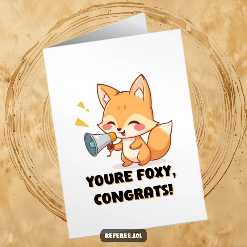 Funny Free Printable Congratulations Card showing a giggling fox with a tiny megaphone, announcing wonderful news with enthusiasm.