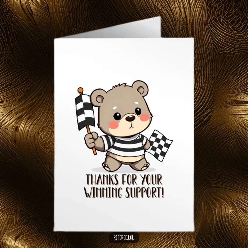 Funny Free Printable Thank You Card: A determined bear in a striped shirt holds a checkered flag, signifying a race well-run and gratitude.