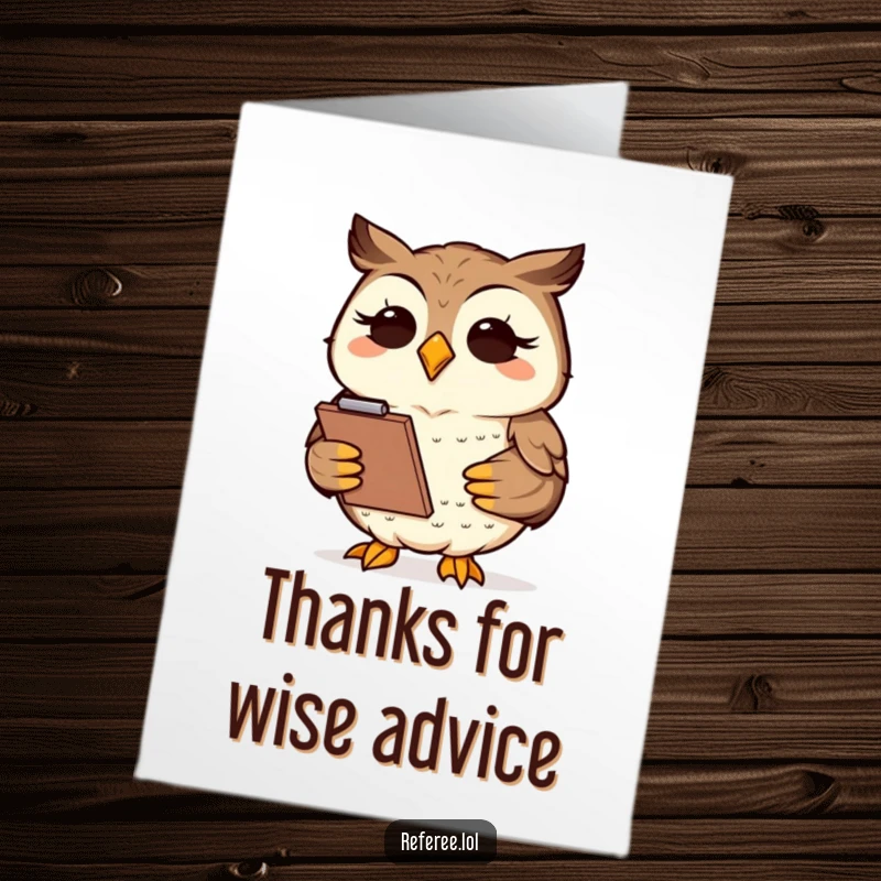 Funny Free Printable Thank You Card featuring a wise owl nodding, clipboard in hand, ready to record sincere thanks.