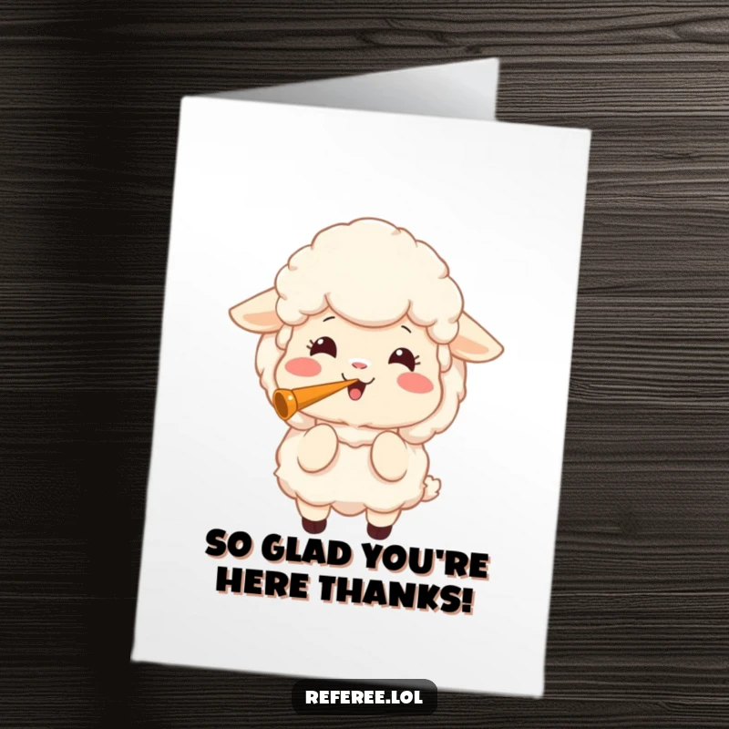 Funny Free Printable Thank You Card: A joyful fluffy sheep blowing a loud whistle to say thank you.