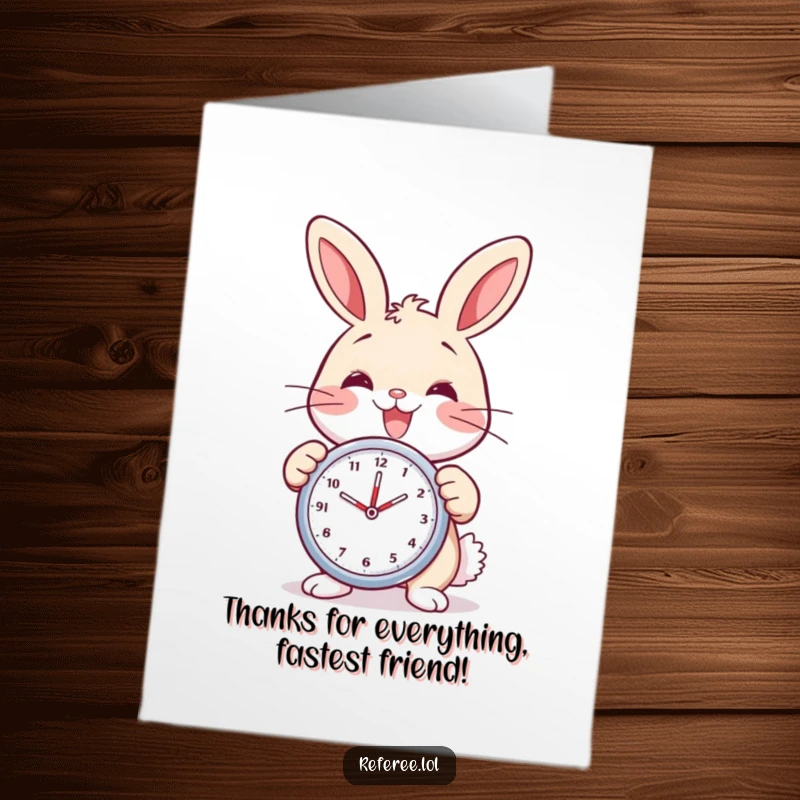 Funny Free Printable Thank You Card: A delighted bunny holds a stopwatch with a wide smile. Sending thanks quickly.