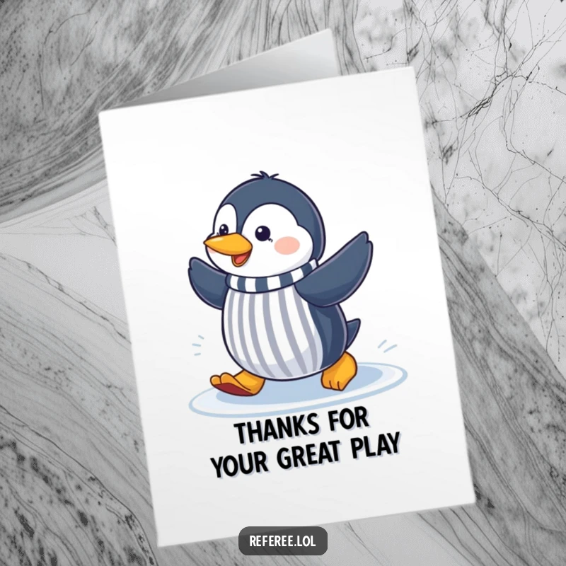 Funny Free Printable Thank You Card: a cheerful penguin sliding and making a referee gesture to show thanks.