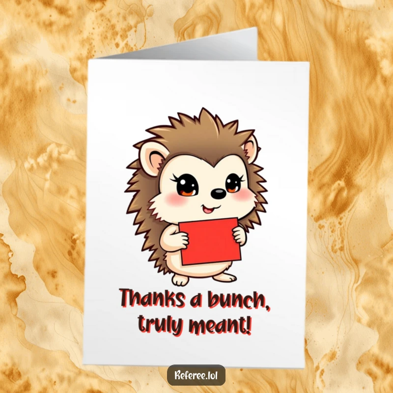 Funny Free Printable Thank You Card: Hedgehog with a serious face holding a red card, expressing deep gratitude.