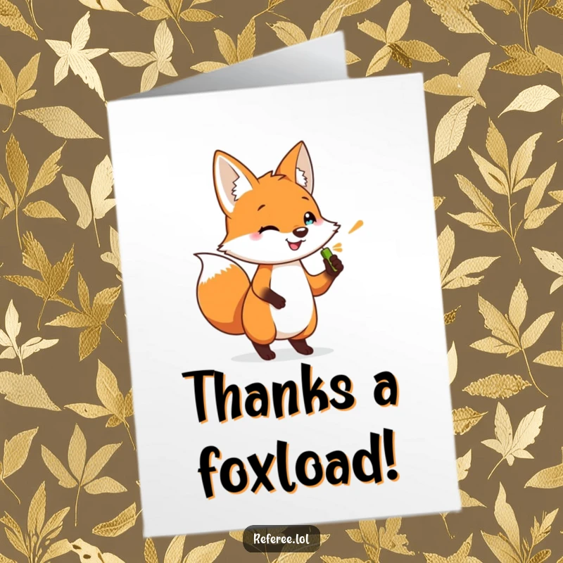 Funny Free Printable Thank You Card: A happy fox tapping its foot impatiently, holding a whistle, blowing it to express thanks.