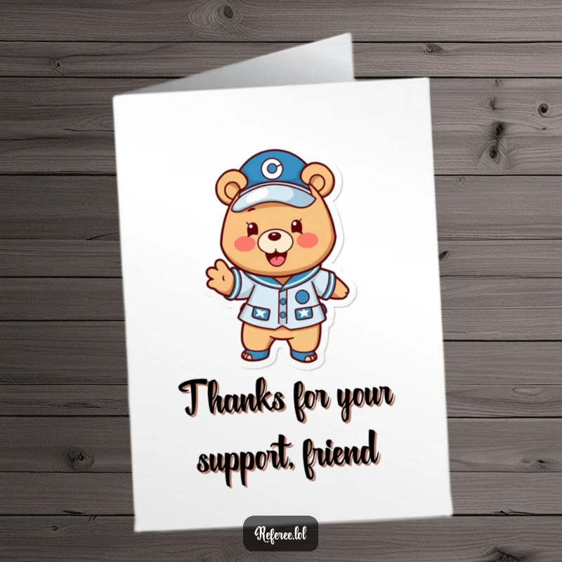 Funny Free Printable Thank You Card: A happy bear in uniform excitedly gestures forward, conveying thanks with team spirit.