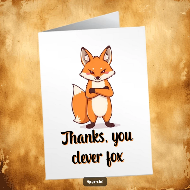 Funny Free Printable Thank You Card: a proud fox with arms crossed and a stern look, conveying thanks.