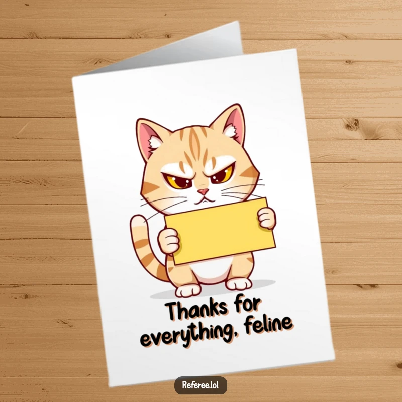 Funny Free Printable Thank You Card: Determined Cat Holding Yellow Card, Grinning!