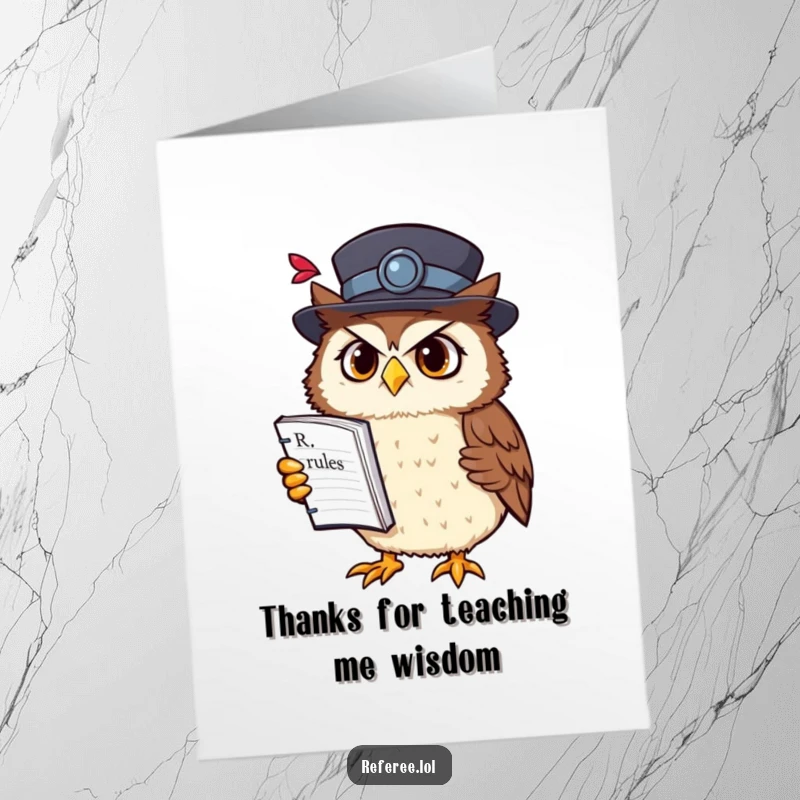 Funny Free Printable Thank You Card: Confused owl in a fancy hat holds a rulebook upside down, offering thanks with a puzzled expression.