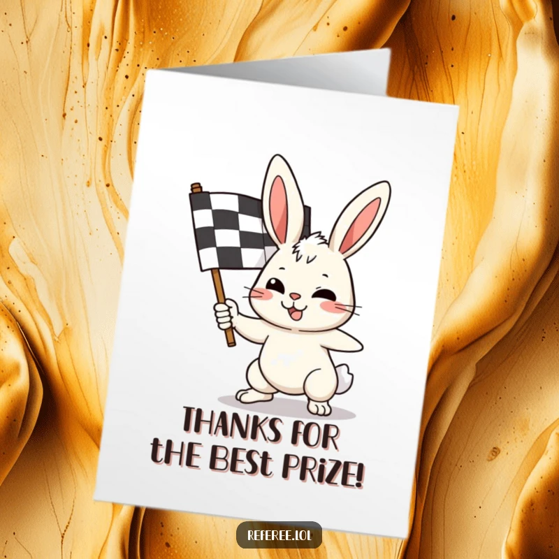 Funny free printable thank you card: a determined bunny waving a checkered flag, conveying enthusiastic gratitude.