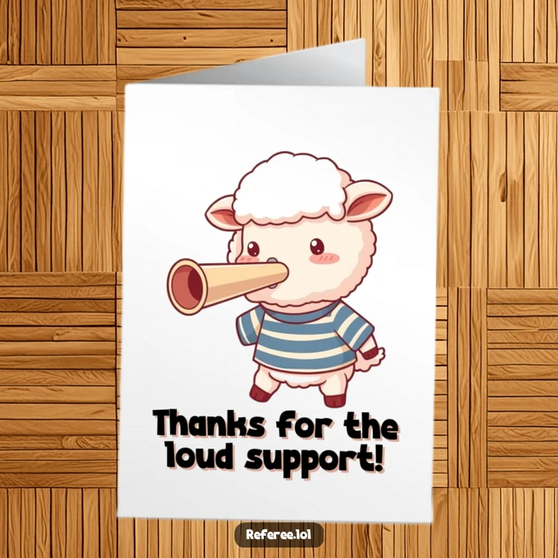 Funny Free Printable Thank You Card featuring a fluffy sheep in a striped shirt blowing a giant whistle.