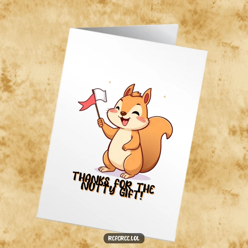Funny Free Printable Thank You Card: Cheerful squirrel holding a tiny flag, happily signaling thanks and celebrating a moment of gratitude.