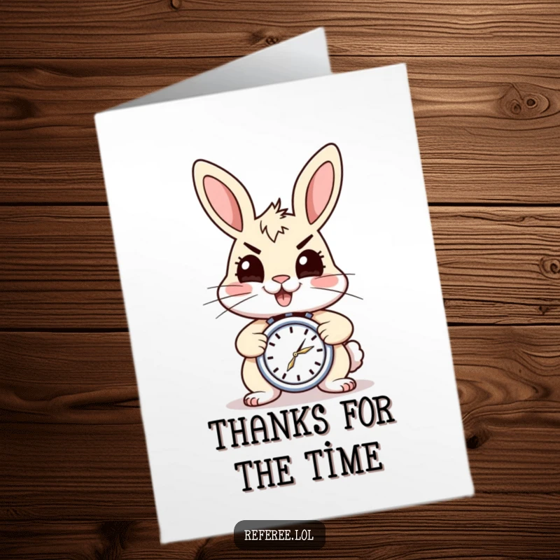 Funny Free Printable Thank You Card of a cheery rabbit with a stopwatch, looking determined and energetic to express thanks.