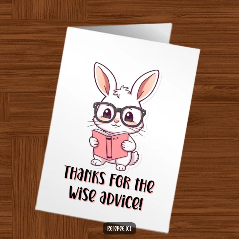 Funny Free Printable Thank You Card: A shy bunny with oversized glasses holds a rule book, expressing thanks in a precise and humorous way.