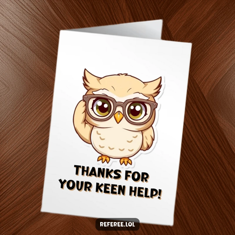 Funny Free Printable thank you card featuring a curious owl meticulously adjusting oversized spectacles with a focused gaze.