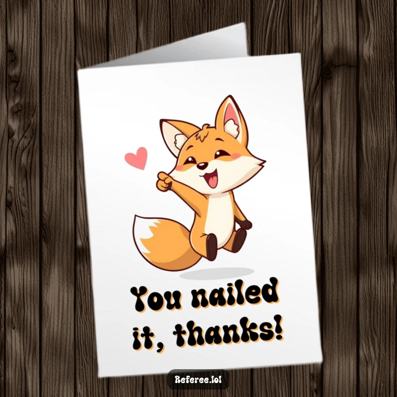 Funny Free Printable Thank You Card: A cheerful fox energetically points towards its goal, showing enthusiastic gratitude.