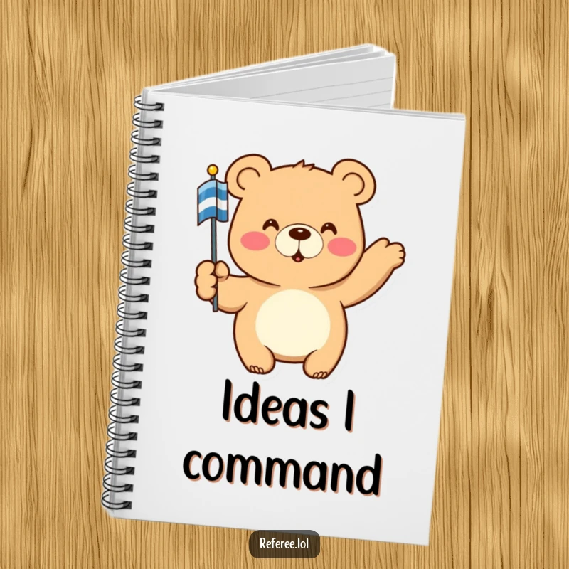 Funny Notebook: A happy bear points with a striped flag, perfect for jotting down ideas with authoritative humor and a guiding touch.