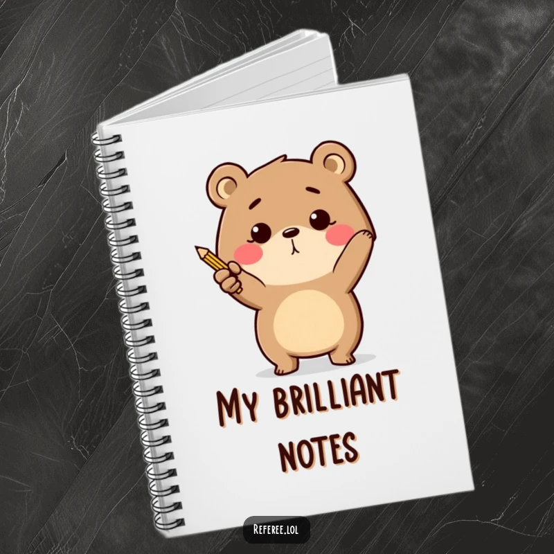 Funny determined bear energetically pointing with a tiny pencil on a notebook, for jotting down focused plans.