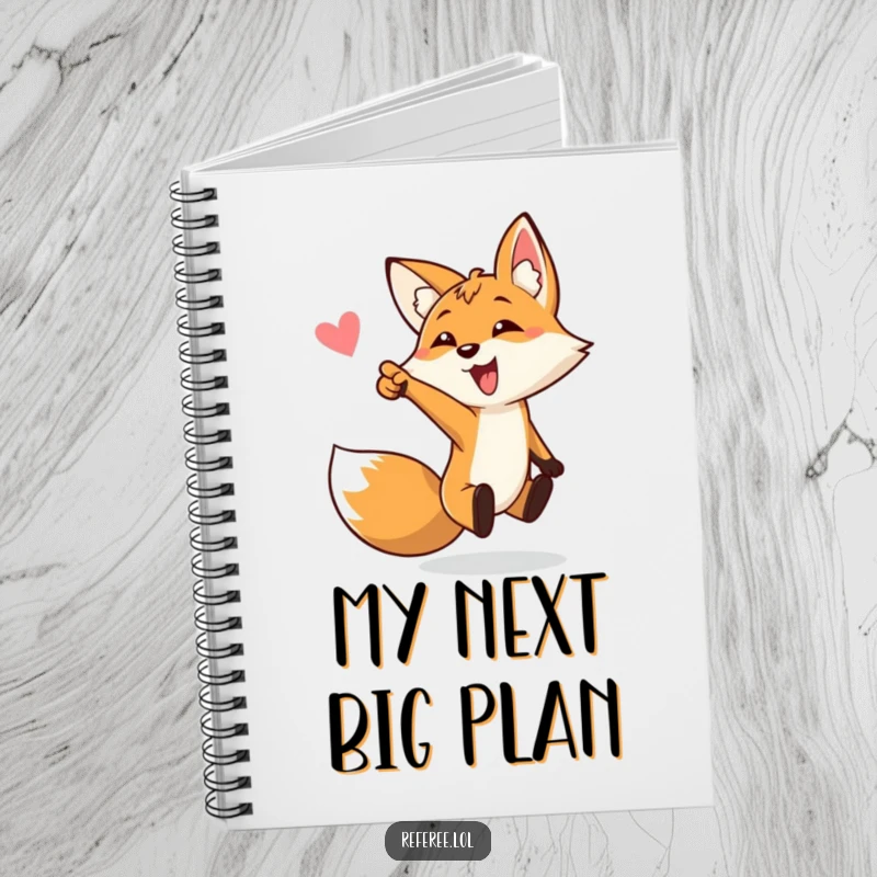 Funny notebook with a bouncing fox enthusiastically pointing towards a goal, great for planning and a perfect funny gift.