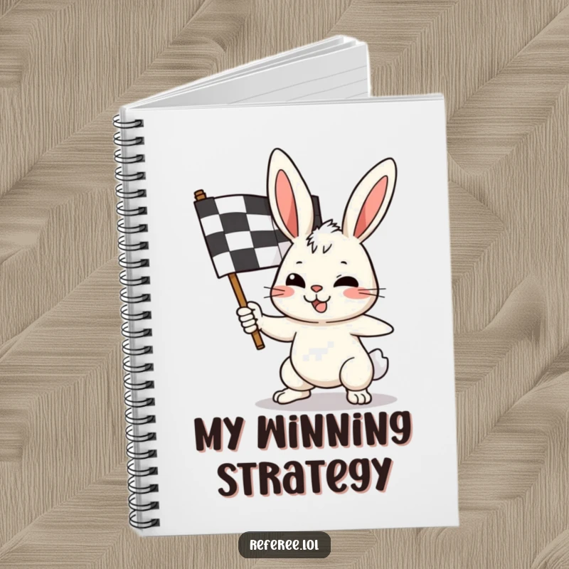 Funny bunny notebook with a determined rabbit waving a checkered flag, ideal for jotting down notes or strategic plans.