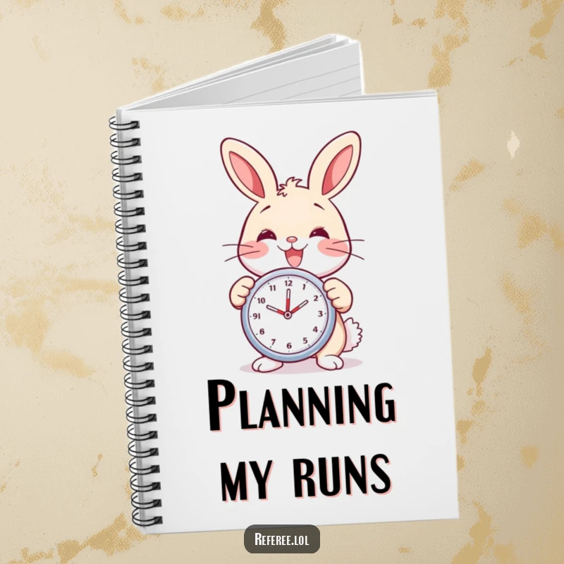 Funny bunny notebook with a delighted bunny holding a stopwatch and smiling. Ideal for notes and time management.