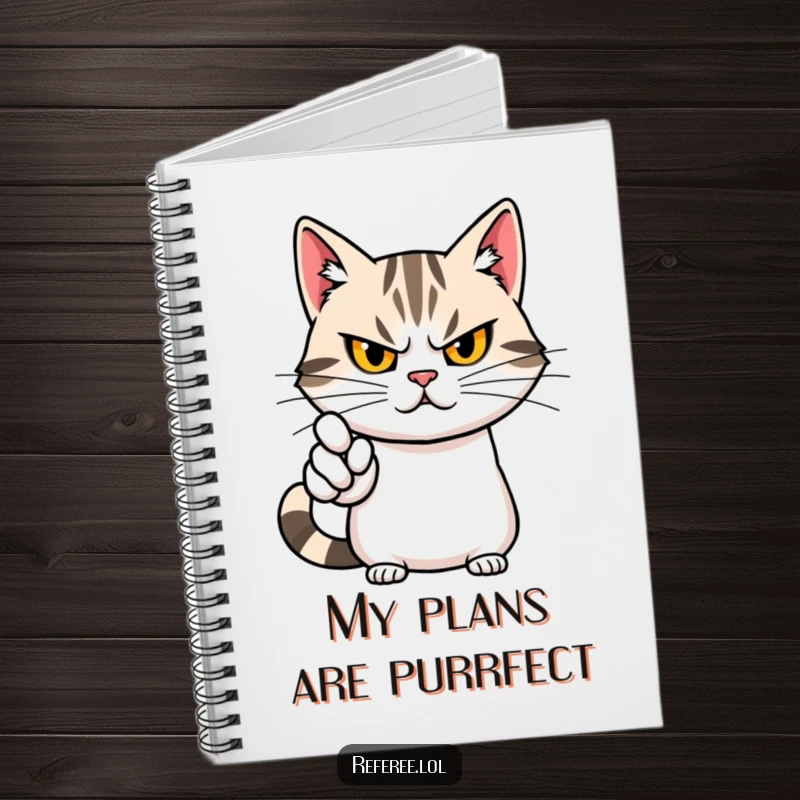 Funny notebook cover featuring a determined cat with a stern yet cute face, pointing dramatically, ready for note-taking.