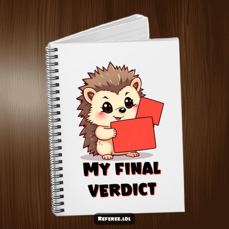 Funny notebook with a determined hedgehog holding a bright red card. Ideal for notes and planning, a great funny gift.
