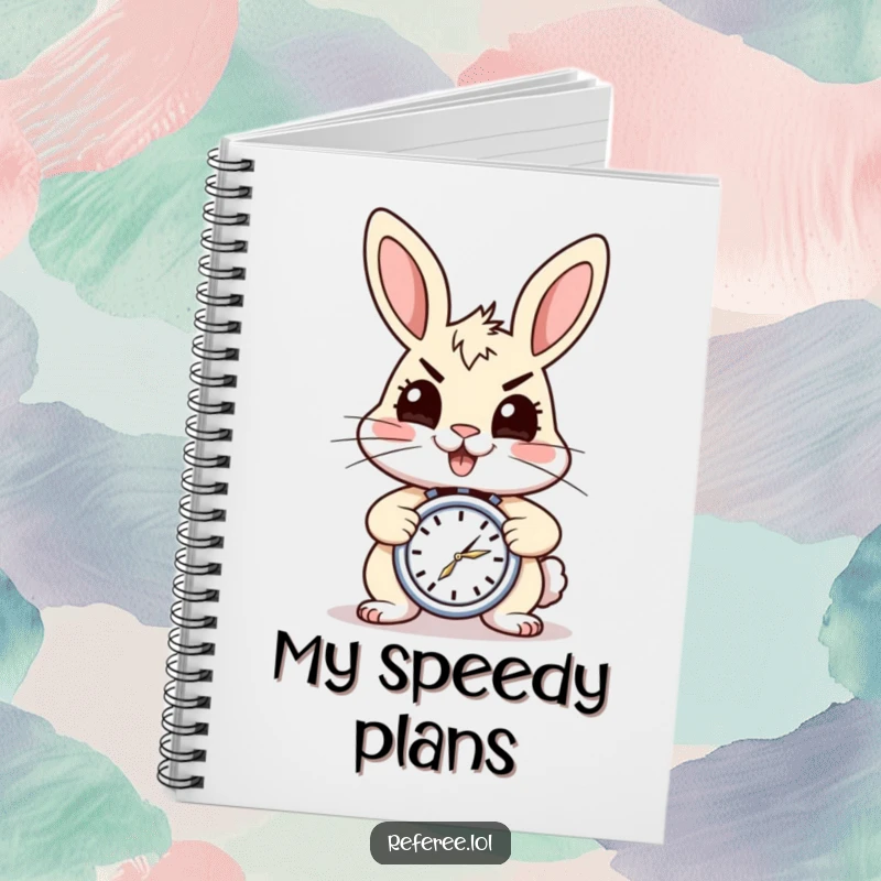 Funny notebook with a cheerful, energetic rabbit holding a stopwatch. Ideal for notes and planning, a great funny gift.