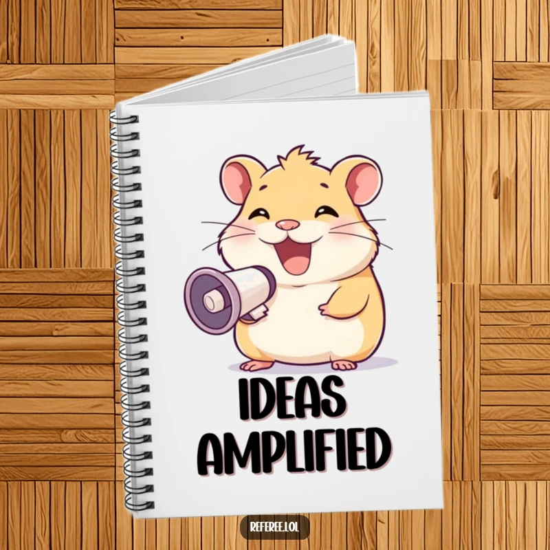 Funny notebook with a happy hamster grinning and using a megaphone, great for note-taking and a perfect funny gift.