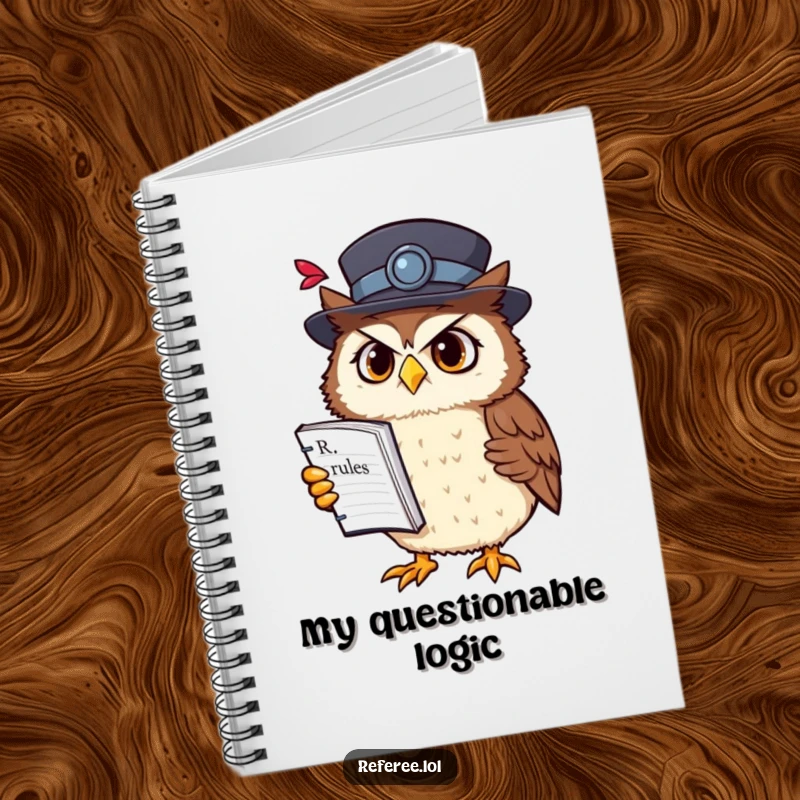 Funny owl professor notebook featuring a confused owl in a fancy hat holding a rulebook upside down, inspiring thoughtful and humorous writing.