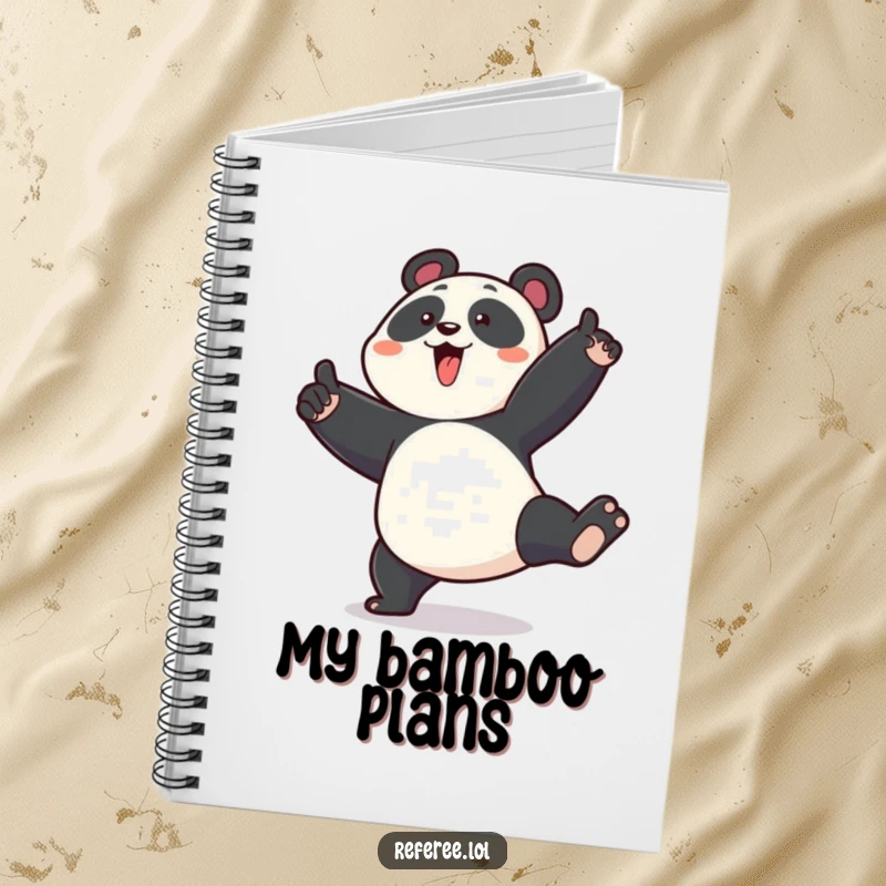 Funny notebook cover with an enthusiastic panda stomping its foot and pointing emphatically, designed for capturing ideas humorously.