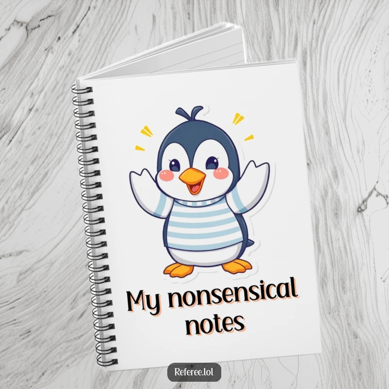 Funny notebook cover featuring a penguin in a striped shirt making frantic hand signals, designed to inspire expressive and humorous note-taking.