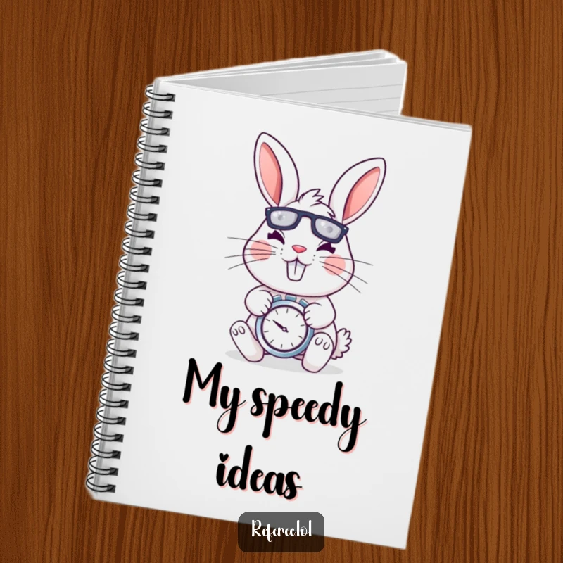 Funny notebook cover with a cheerful rabbit holding a stopwatch, looking determined and energetic, designed for planning humorously.