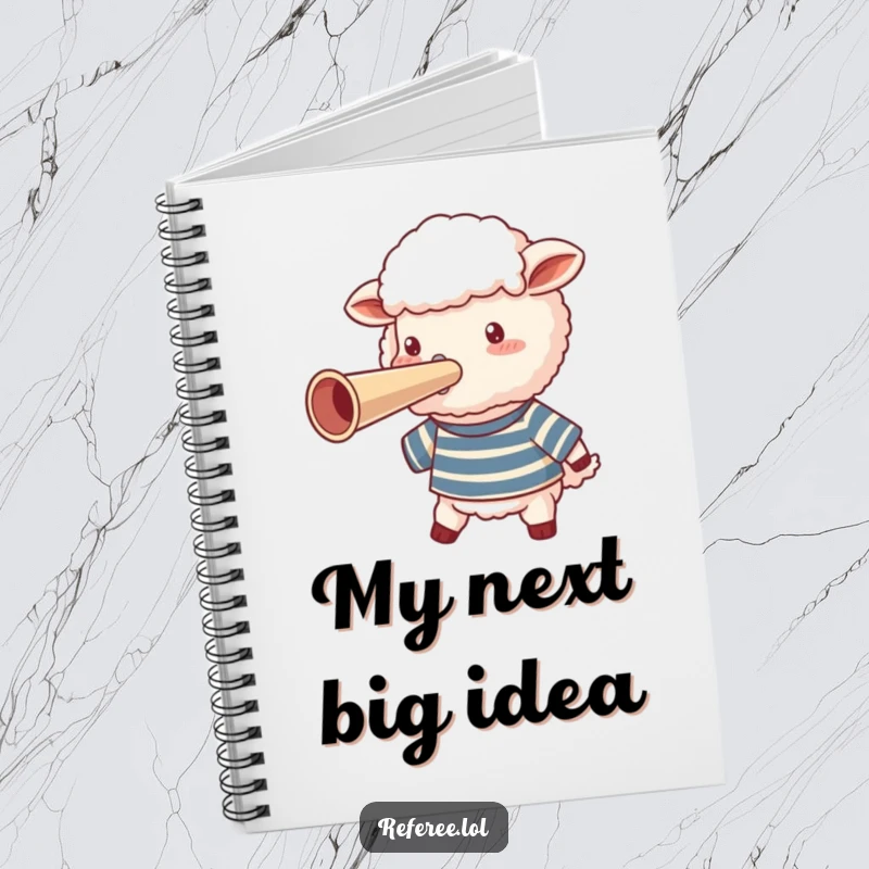 Funny sheep in a striped shirt blowing a giant whistle on a notebook, ready to record thoughts humorously.